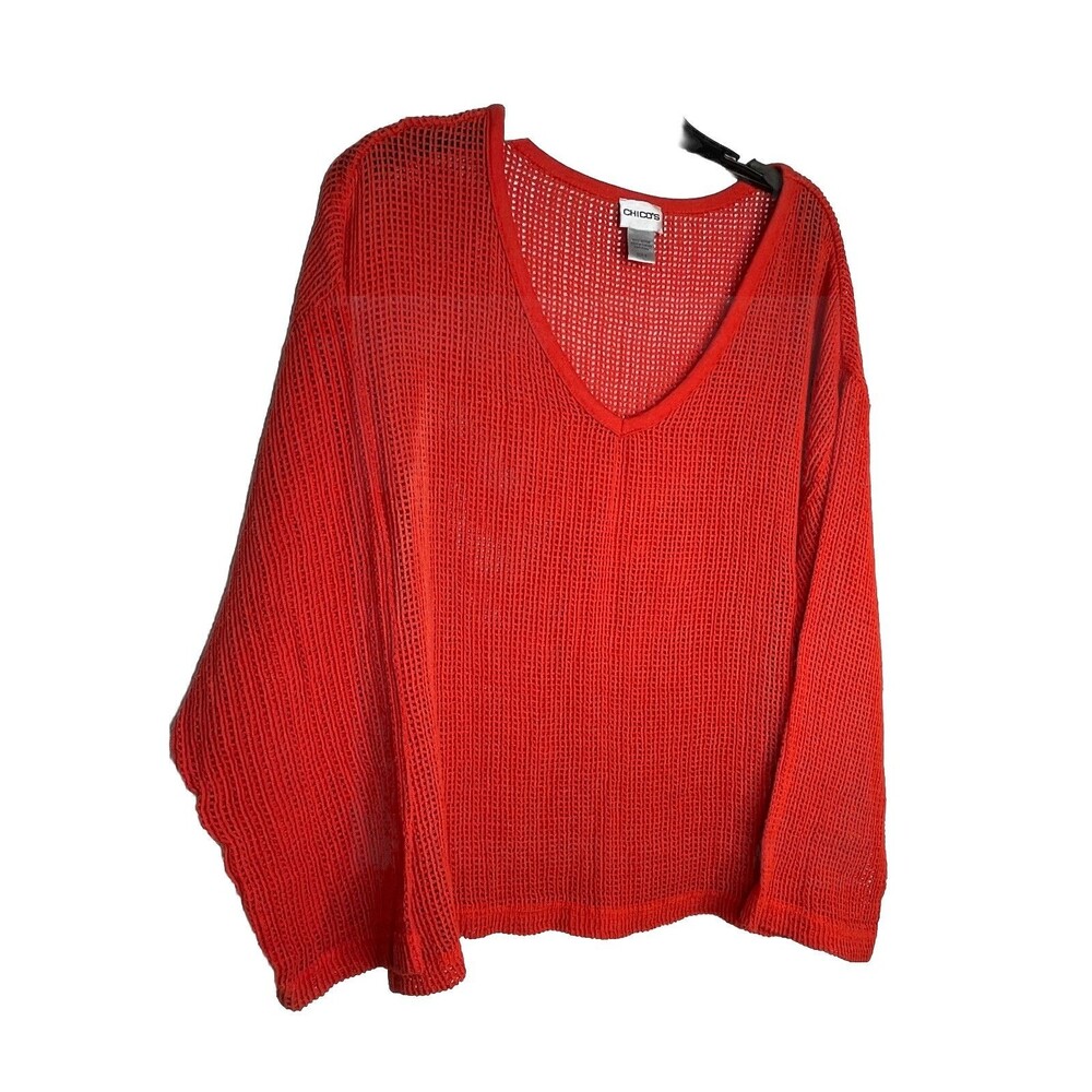 Chicos Coastal Core Waffle Open Knit Crochet V Neck Blouse Top sz 3 / 16 XL (15)